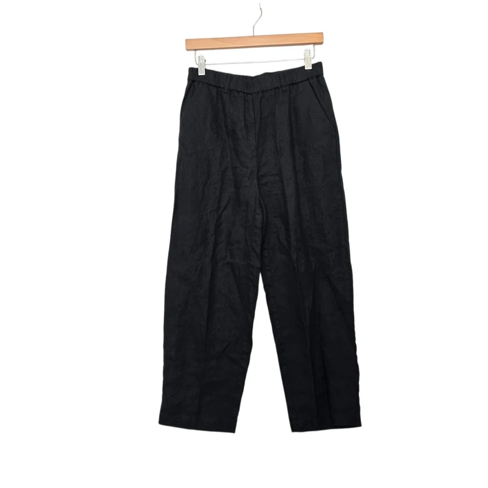 Quince Womens Black 100% European Linen High Rise Elastic Waist Pants Size Small